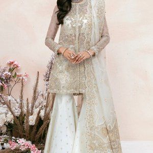 Soraya Opaline 3pc Organza White Jacket with Raw Silk Bell Bottoms and Dupatta